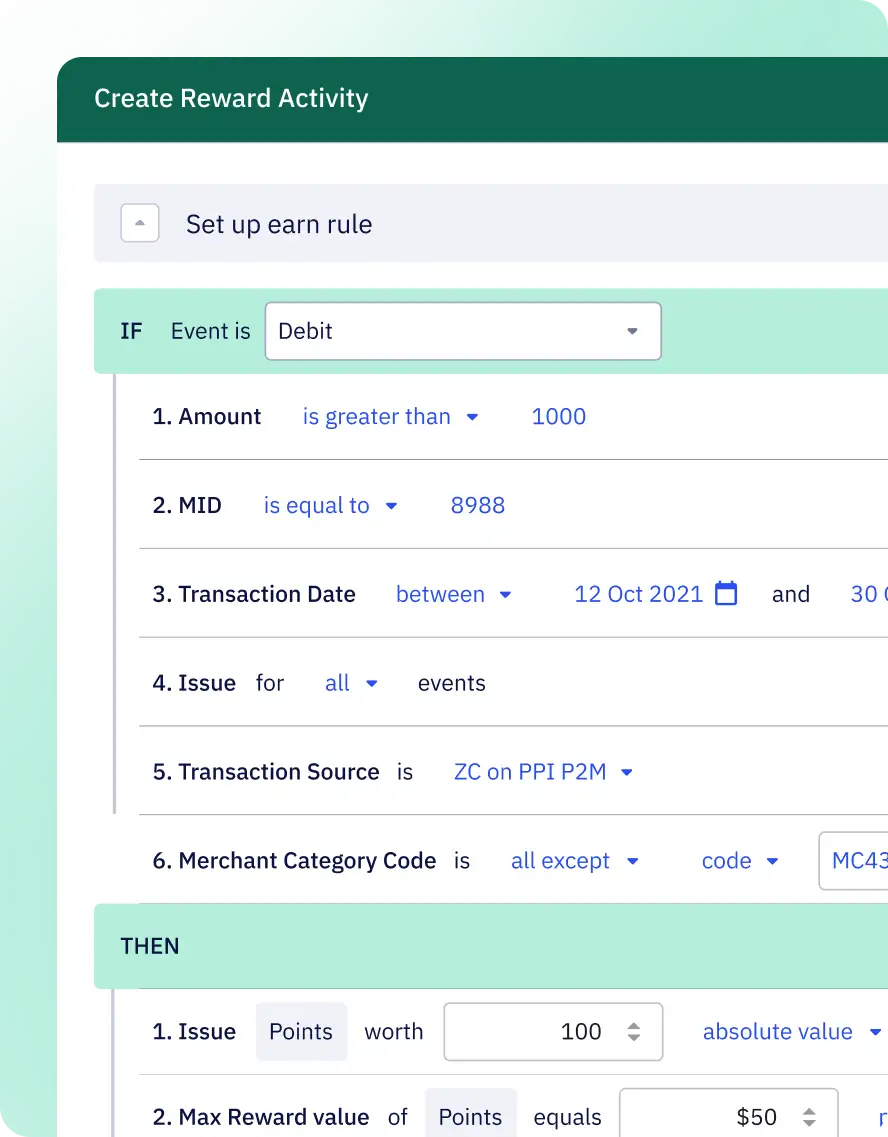 Image shows the dashboard screenshot of Zeta Luminos rewards platform for banks and FIs to set the earn rule conditions for personalized customer rewards program.