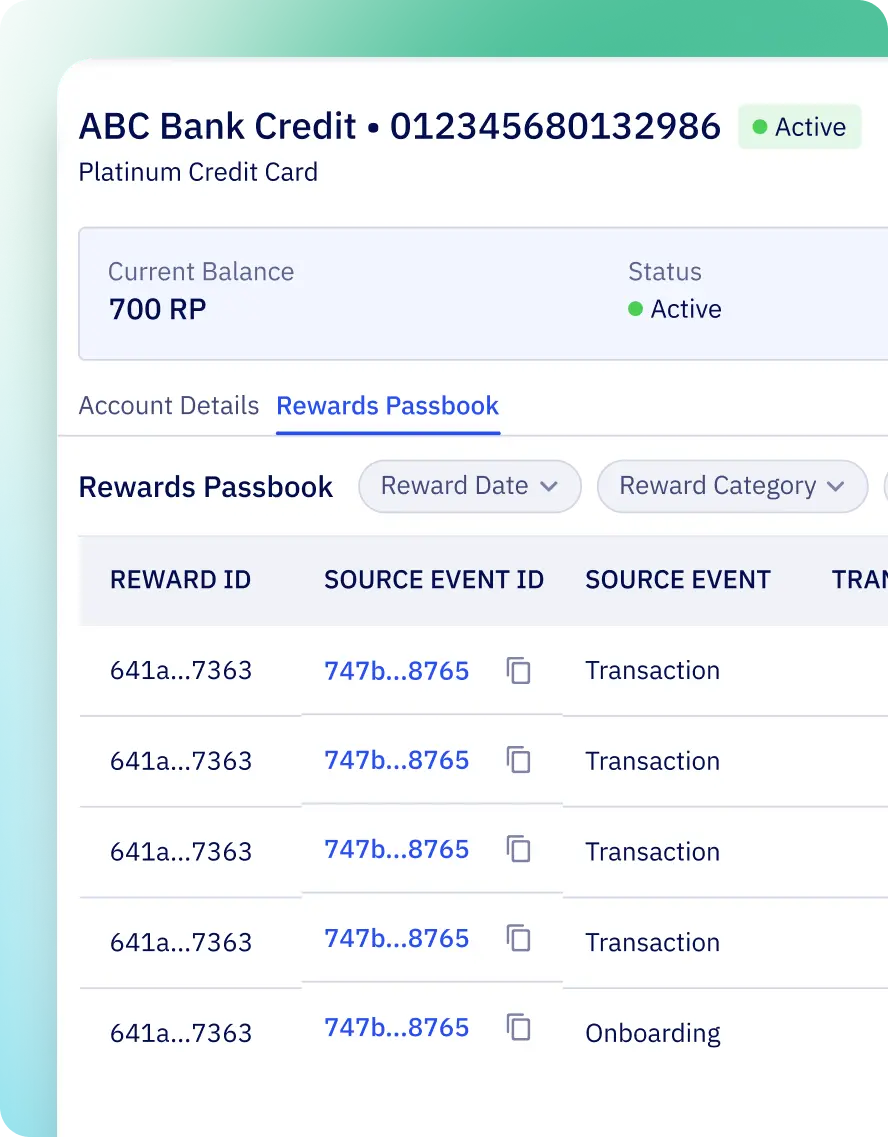 Image shows the rewards passbook and account details dashboard screenshot of Zeta Luminos customer rewards platform to stay on top of rewards cost with granular accounting of earn, adjustments for reversals or point expiry.