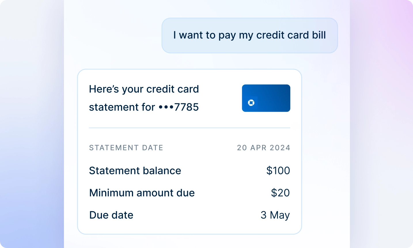 The image shows the screenshot of a mobile banking app showing a text message from the user indicating Zeta's Merlin AI ability to recognize the user's intent to make a financial service action.