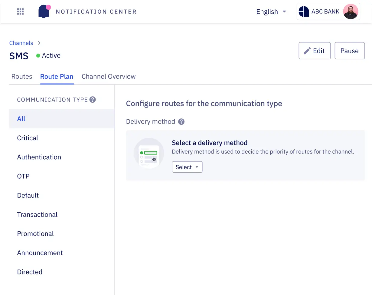 The image shows a screenshot of the Zeta Luminos platform showing a no-code interface for managing communication channels.