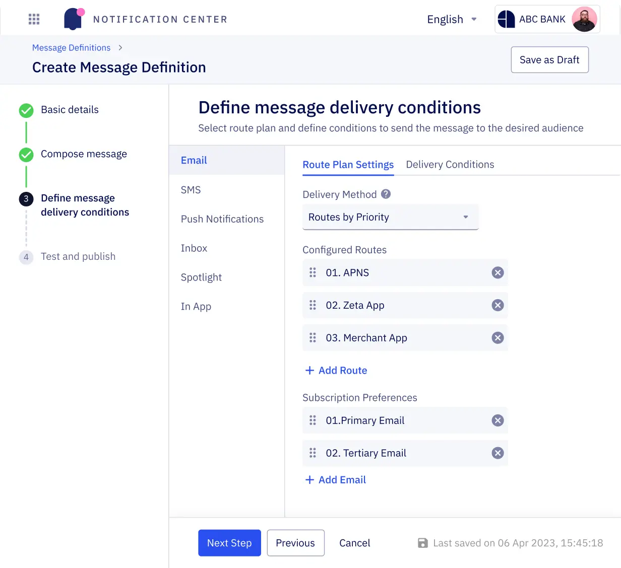 The image shows a screenshot of the Zeta Luminos subscription preference management interface. The interface allows customers to manage their preferences for receiving notifications across various categories, potentially using a rich notifications API.