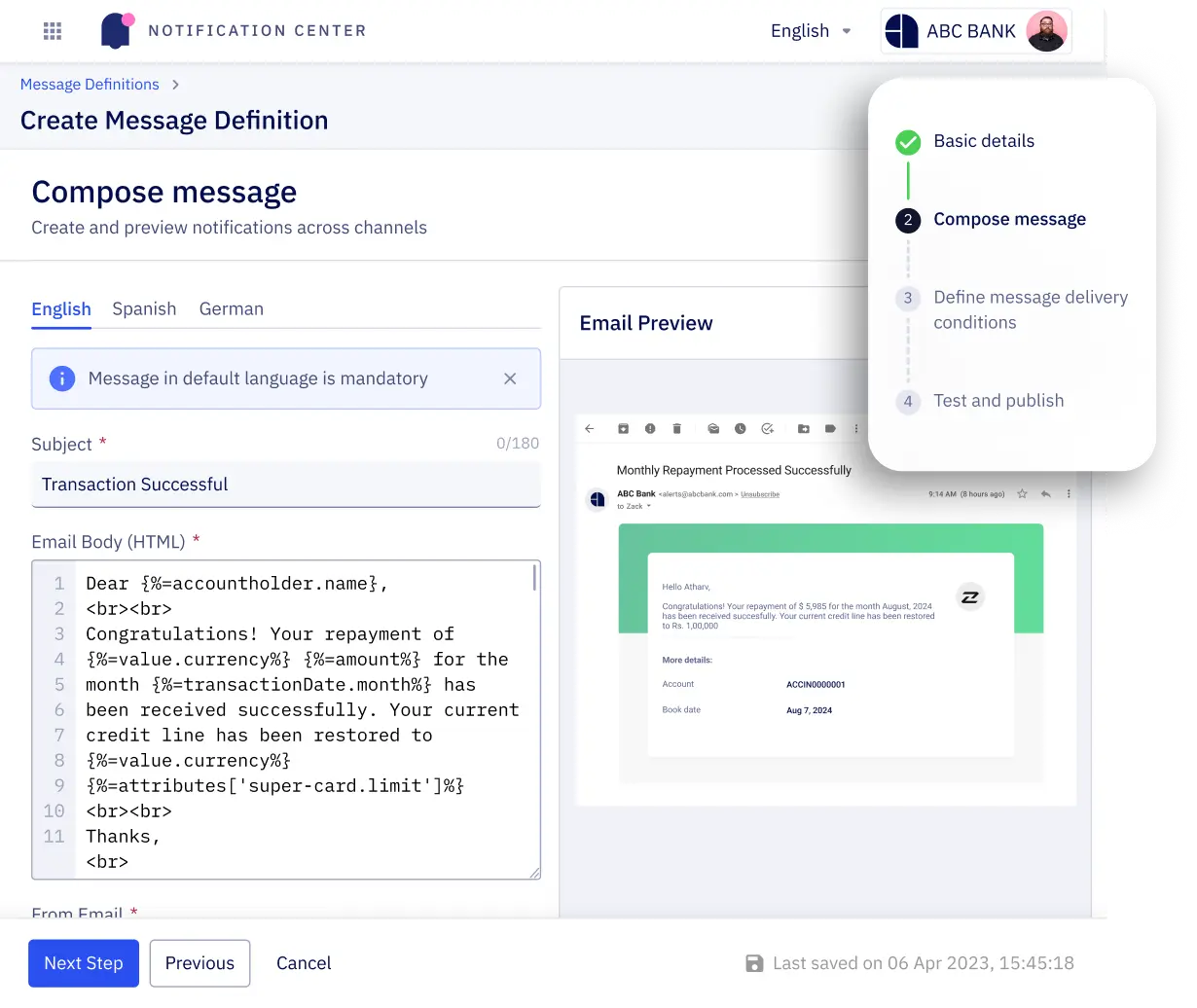 The image shows a screenshot of the Zeta Luminos graphical user interface for designing rich message templates. The interface displays sections for composing a message, selecting notification channels, and personalizing message content with dynamic values.