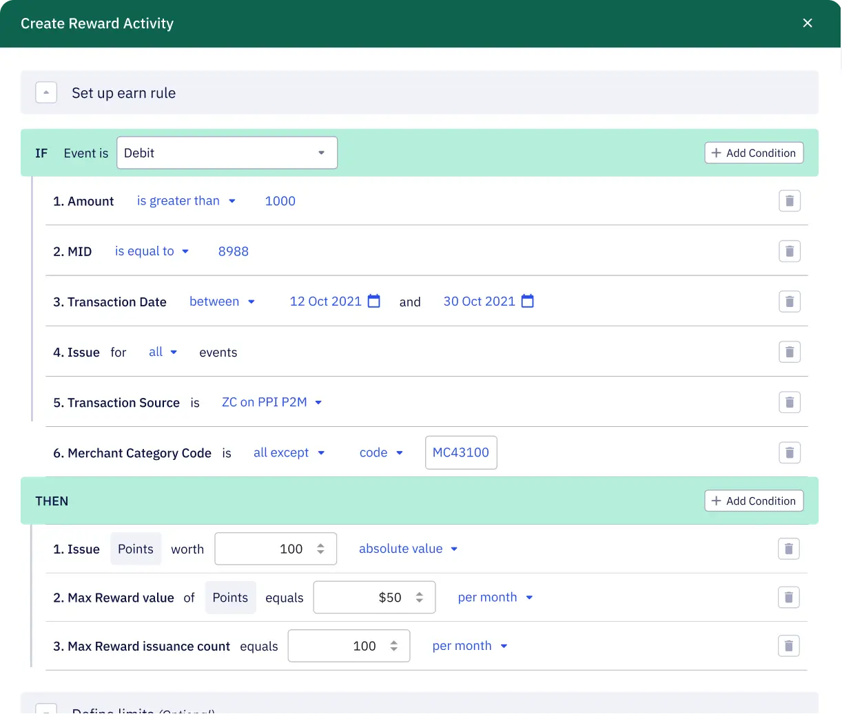 Image shows the dashboard screenshot of Zeta Luminos rewards platform for banks and FIs to set the earn rule conditions for personalized customer rewards program.