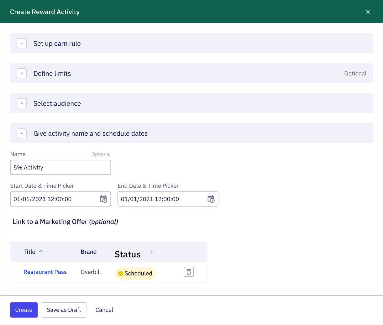 Image shows the dashboard screenshot of Zeta Luminos rewards platform to select activity name and schedule dates for personalized customer rewards program.