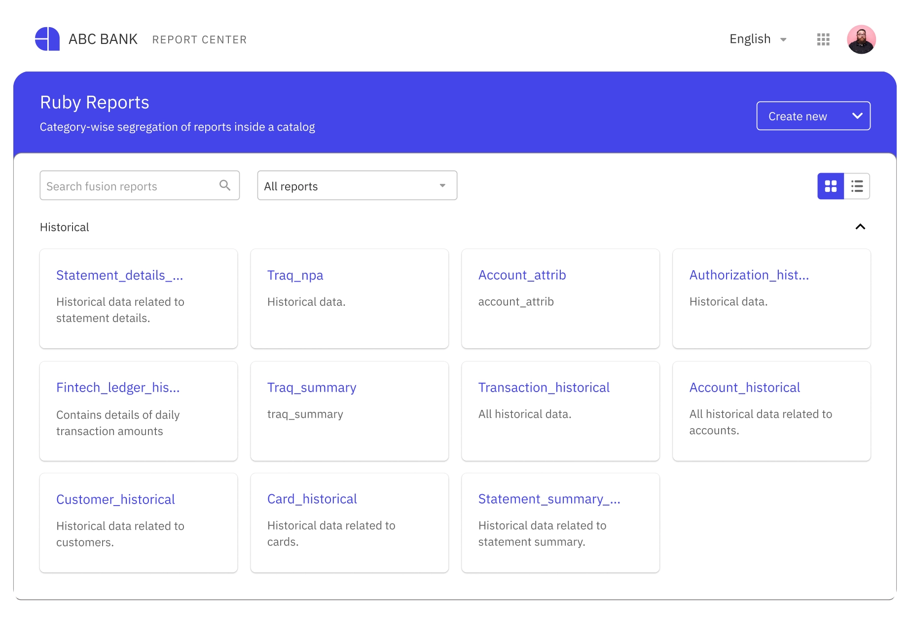 A screenshot of the Zeus Data Suite platform's Comprehensive Report Library. The image shows a user interface with a search bar, category-wise report organization, and a list of historical reports related to statements, transactions, accounts, cards, and customers.