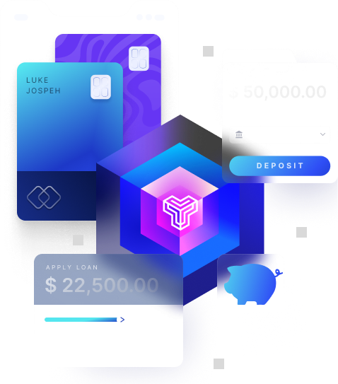 The image showcases a modern digital banking interface with a central hexagonal graphic symbolizing Zeta Tachyon core platform. Around the central core, there are various financial elements such as credit card, deposits, loans and payments making it an omnichannel architecture to launch products faster in the market.