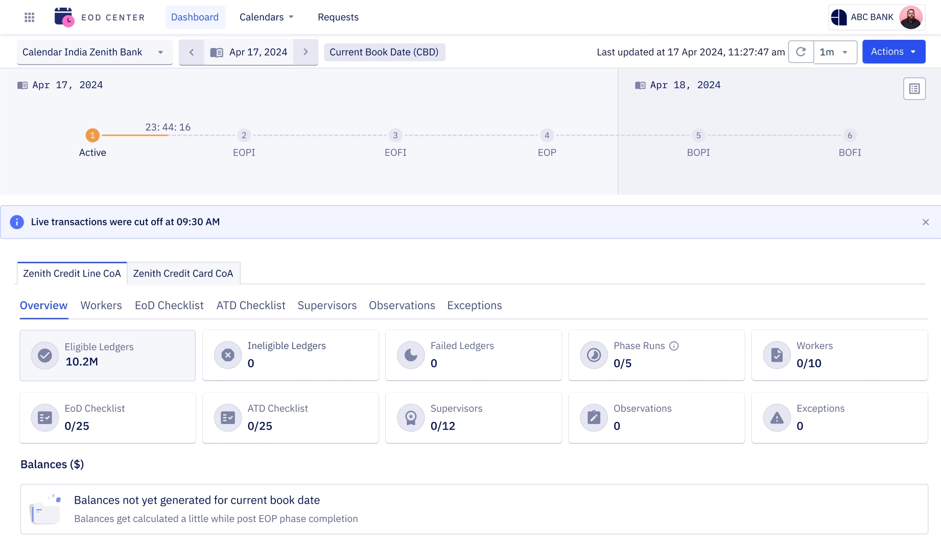 A web admin interface screenshot representing Zeta Tachyon's end-of-day center providing  an intuitive interface to trigger and monitor end-of-day processes for ledger finalization, fee application, interest computation, and more.