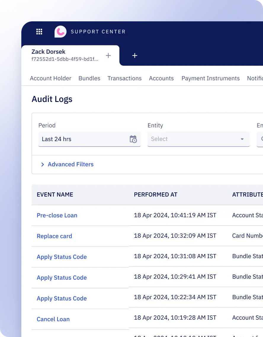 The image shows a audit interface within Zeta's customer support toolchain, allowing users to access complete and accurate records of every action performed by agents.