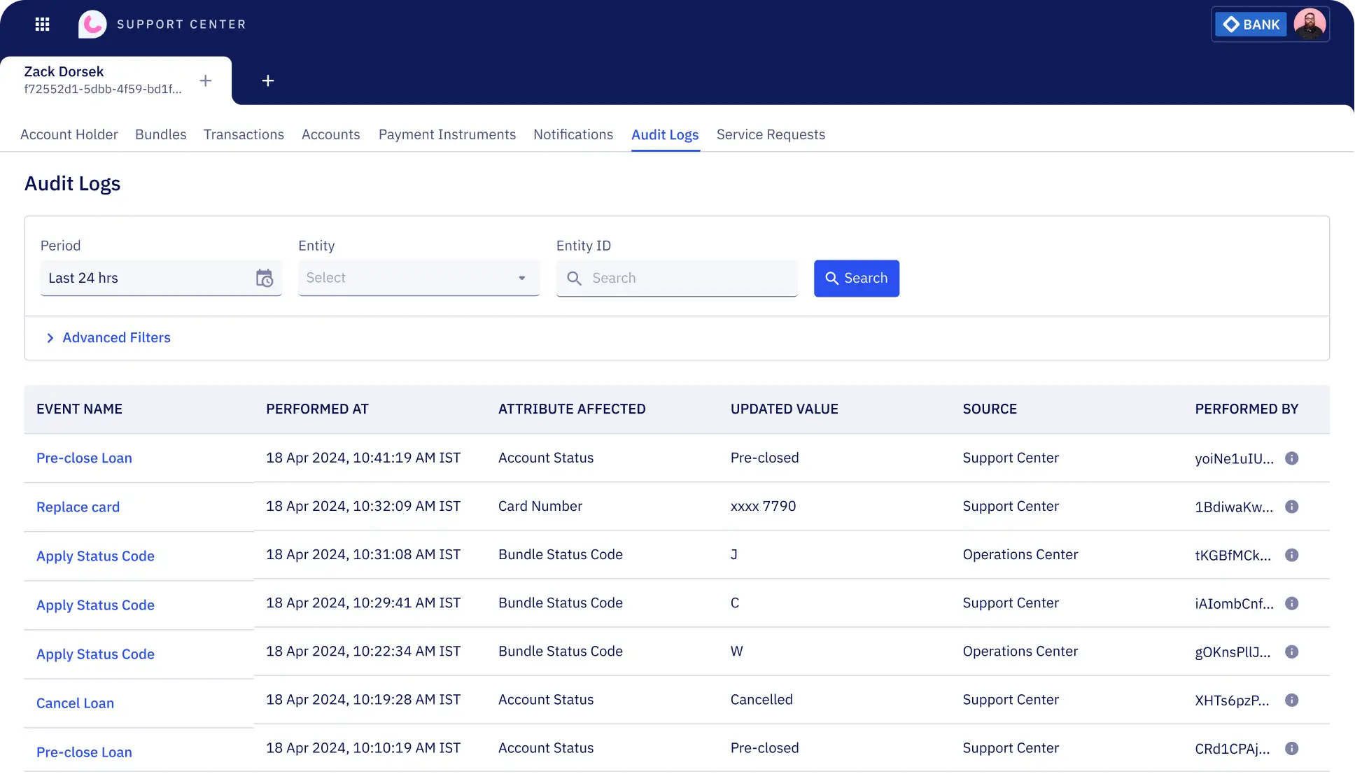 The image shows a audit interface within Zeta's customer support toolchain, allowing users to access complete and accurate records of every action performed by agents.