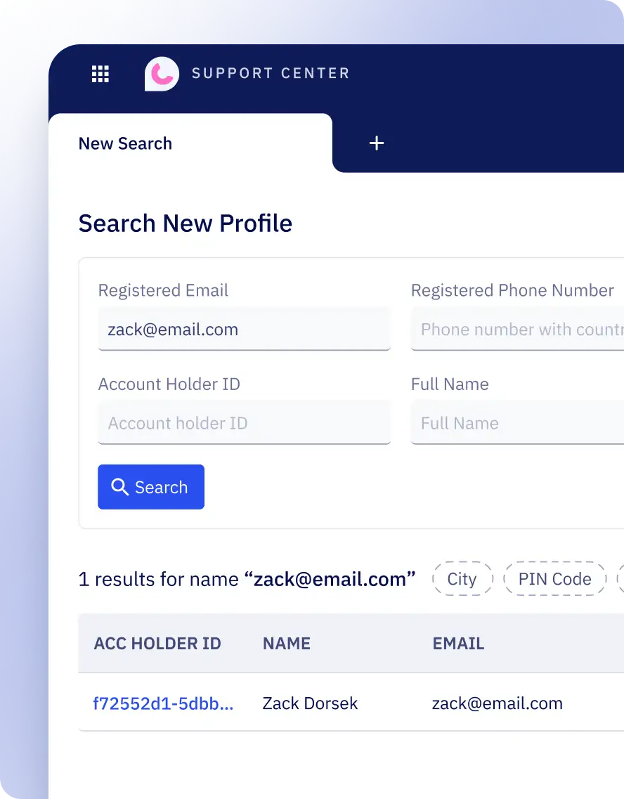 The image shows a search interface within Zeta's customer support toolchain, allowing users to find customer profiles by entering their demographics.