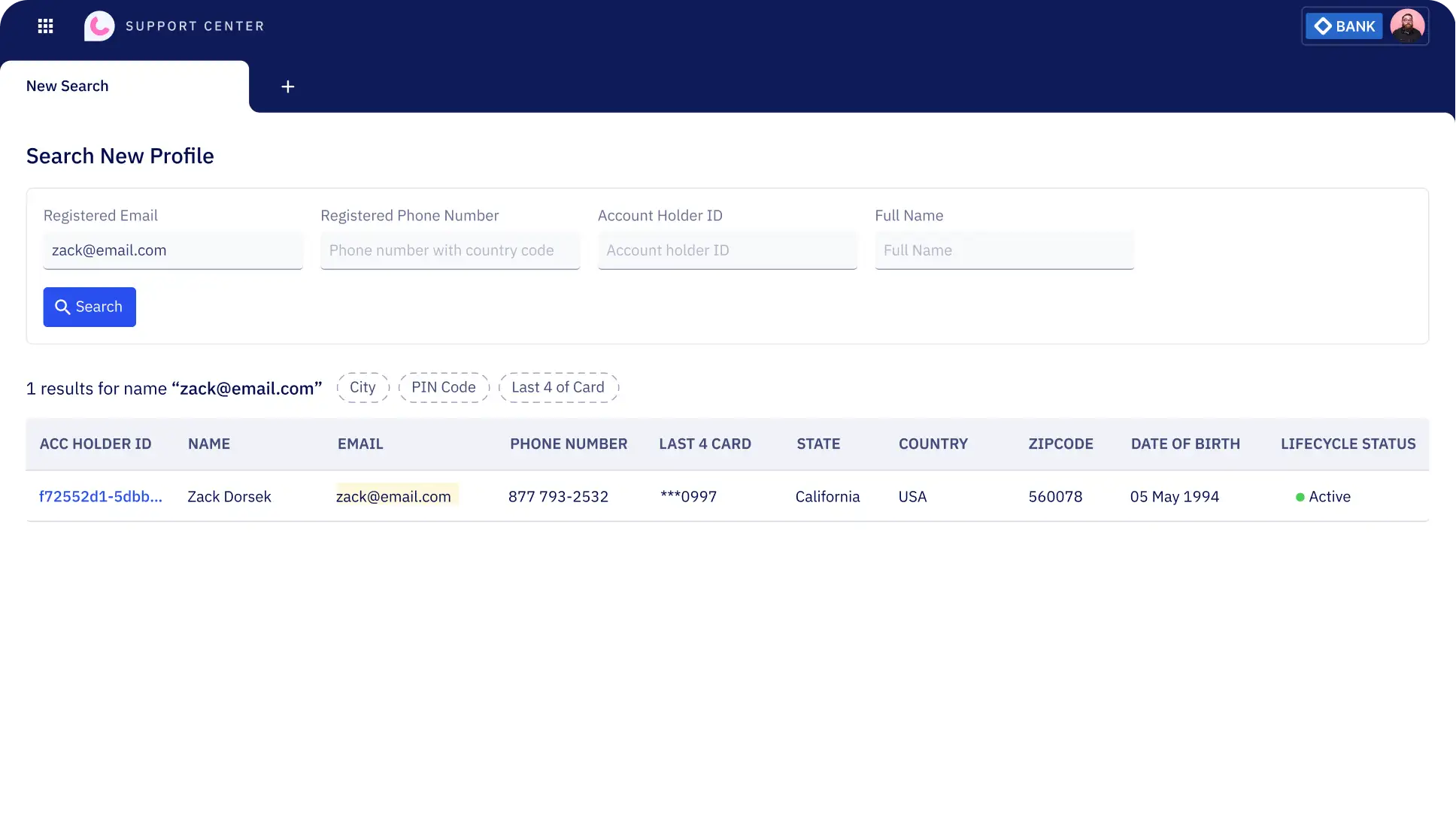 The image shows a search interface within Zeta's customer support toolchain, allowing users to find customer profiles by entering their demographics.