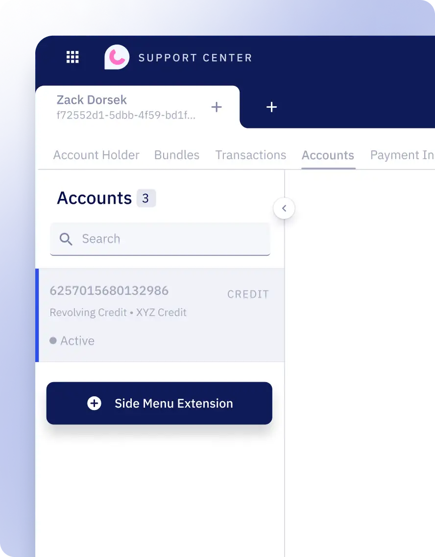 The image shows a extensibility interface within Zeta's customer support toolchain, allowing users to Integrate data and actions from other platforms into the Saturn Support Center.