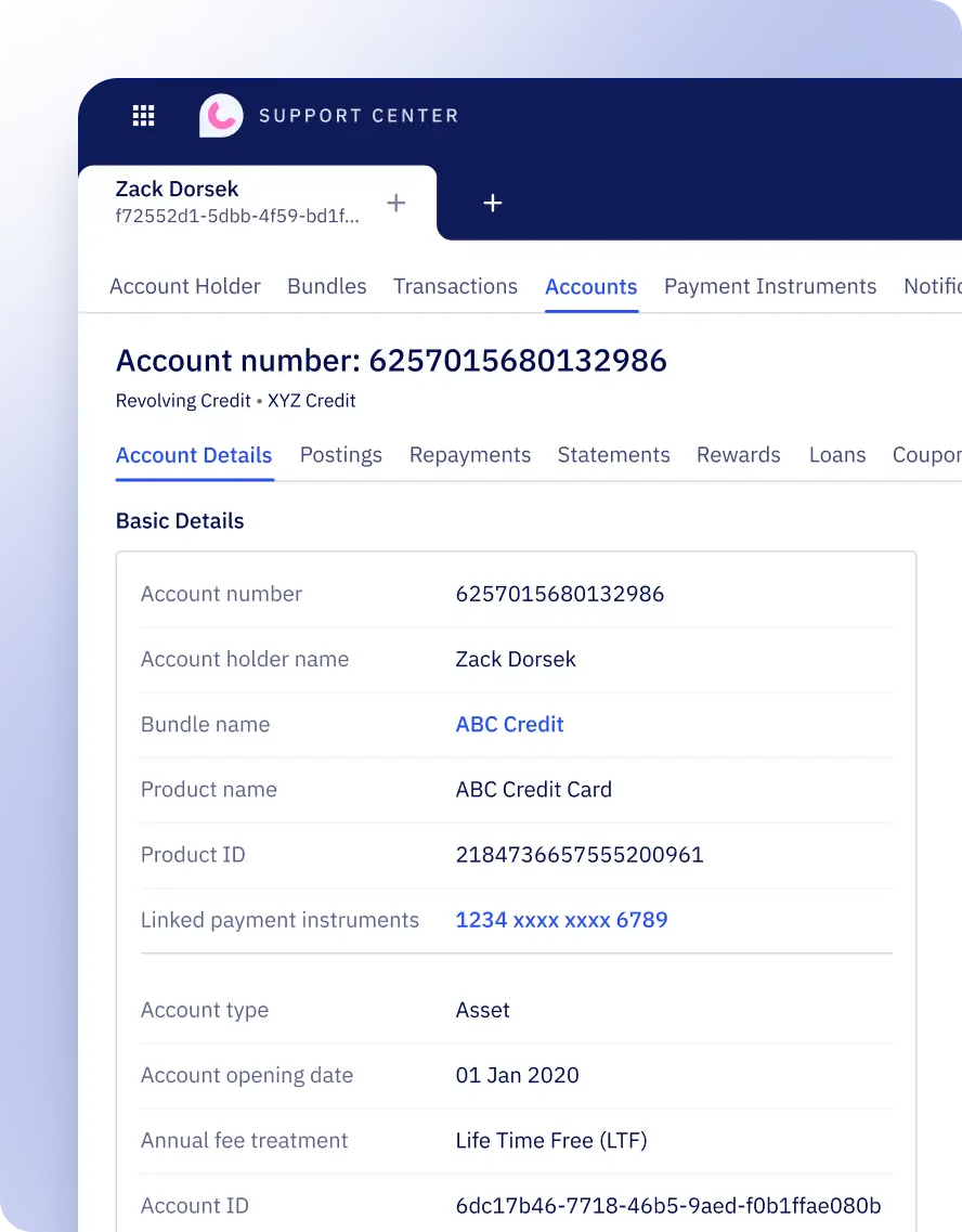 The image shows a account interface within Zeta's customer support toolchain, allowing users to find customer accounts, cards, transactions, policies, programs, statements, balances, and more.