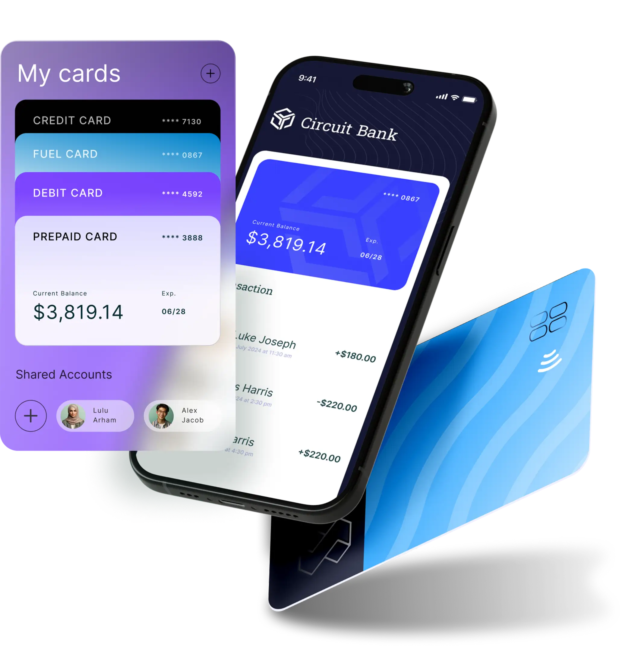 A smartphone mockup displaying a digital wallet with credit, debit and prepaid card types and transaction details representing Zeta's next-gen issuing and processing capabilities for banks and FIs to launch instant and secured card programs.