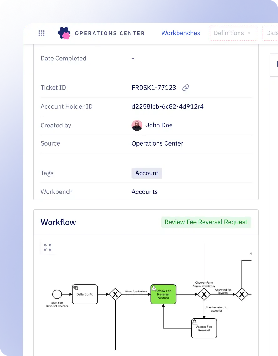 A screenshot of a workflow engine and decision engine interface of Zeta saturn operations center platform to design own workflows from scratch.