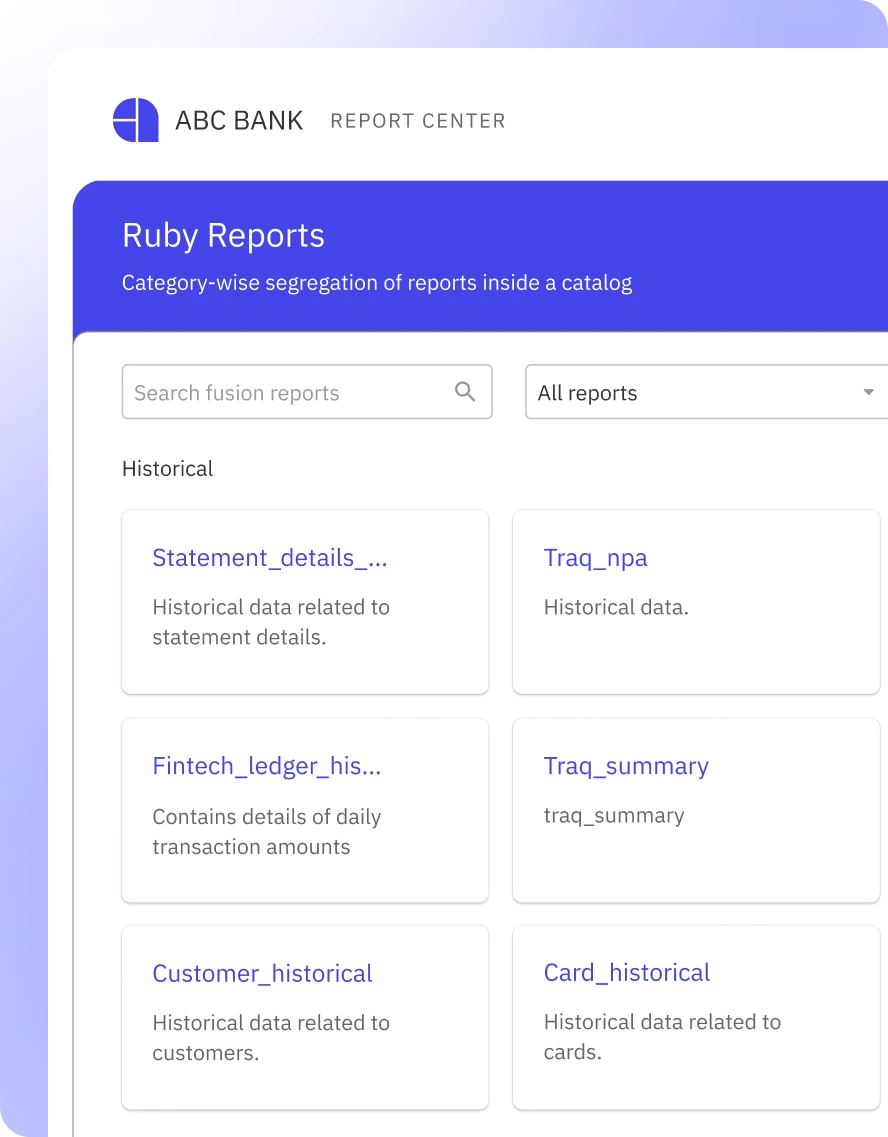 A screenshot of the Zeus Data Suite platform's Comprehensive Report Library. The image shows a user interface with a search bar, category-wise report organization, and a list of historical reports related to statements, transactions, accounts, cards, and customers.