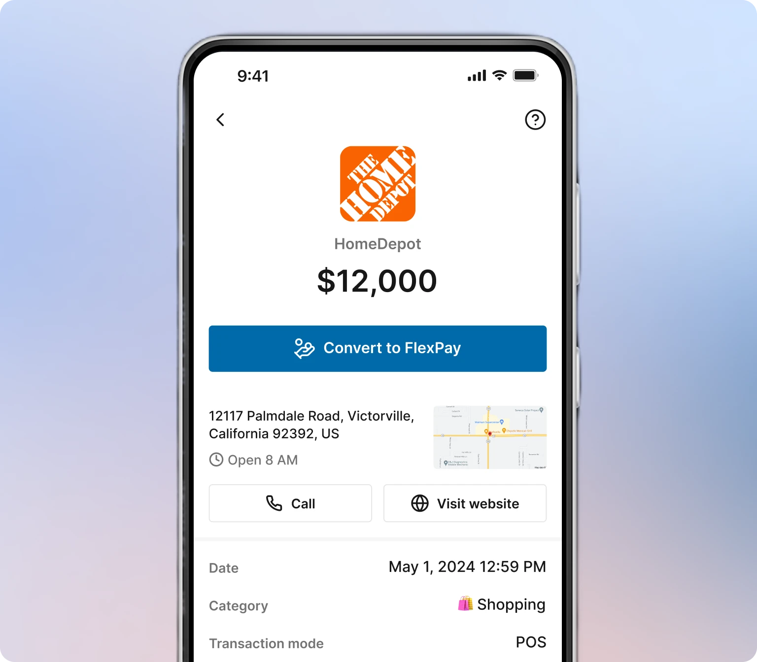 A smartphone screen displaying a home depot purchase transaction showcasing Zeta Tachyon's ability to seamlessly convert transactions into installments, offering flexible payment options for customers.