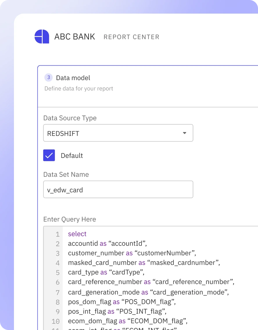 A screenshot of the Zeus Data Suite platform's low-code report builder for custom extracts.