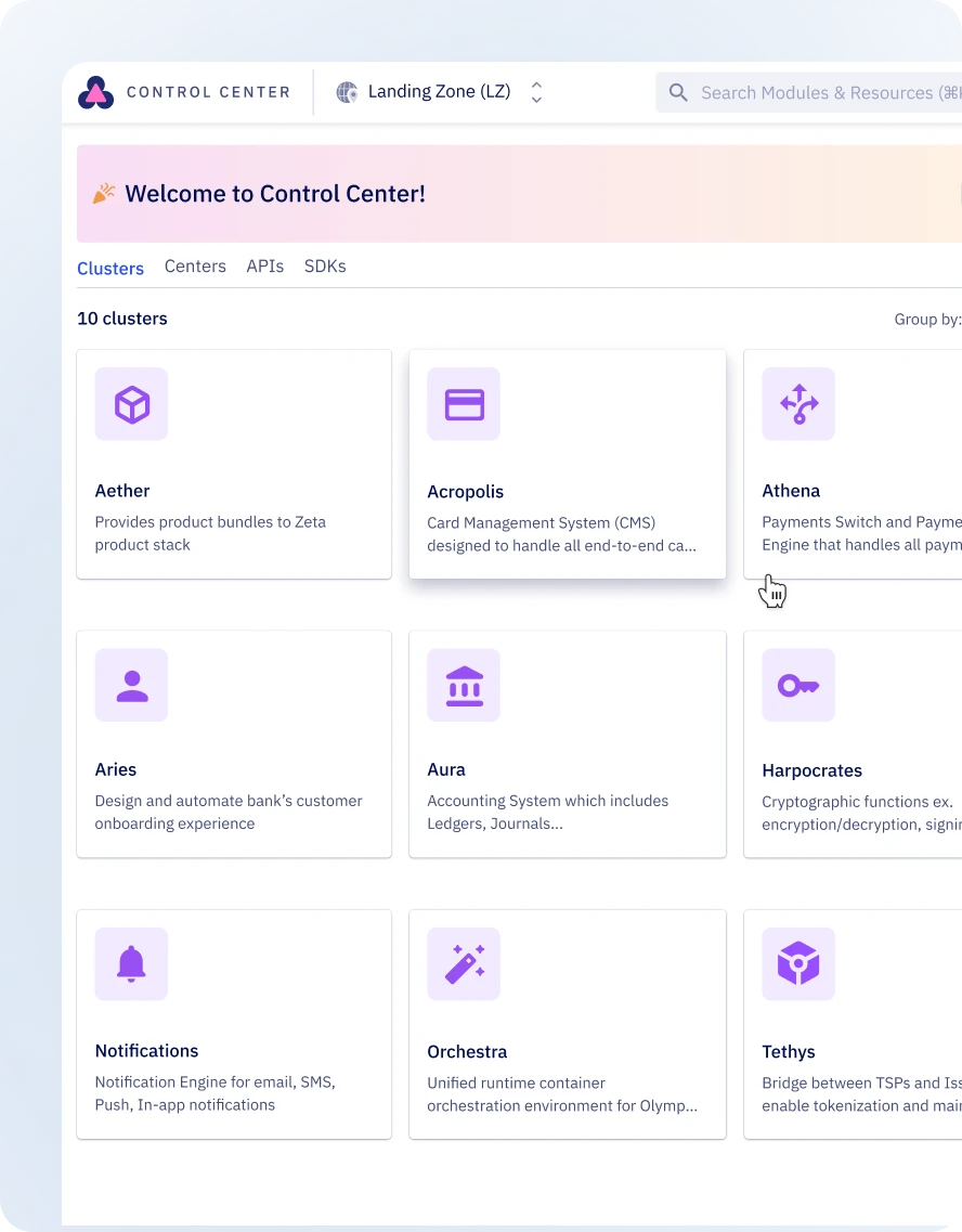 A web admin interface screenshot representing Zeta Tachyon's config-as-code approach allowing to configure and manage innovative financial product bundles across products, events, subscriptions, workflows, data extensions, and more.