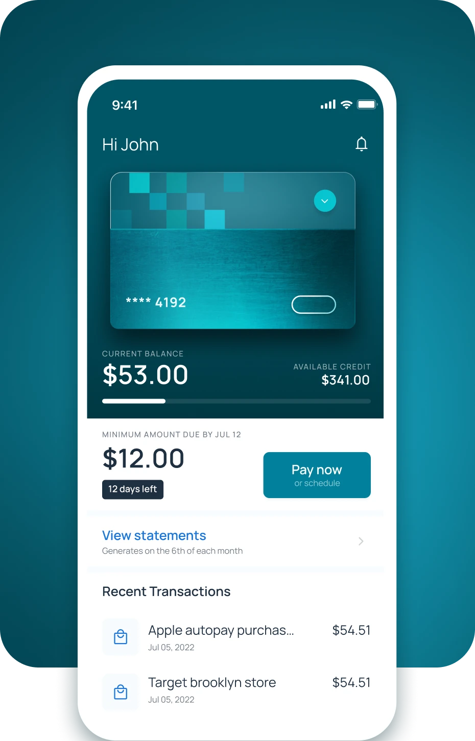 The image shows a mock-up of a mobile phone with credit statement screen representing Zeta’s Neutrino, a digital banking experience platform that provides real-time balance, omnichannel repayment and rewards support.