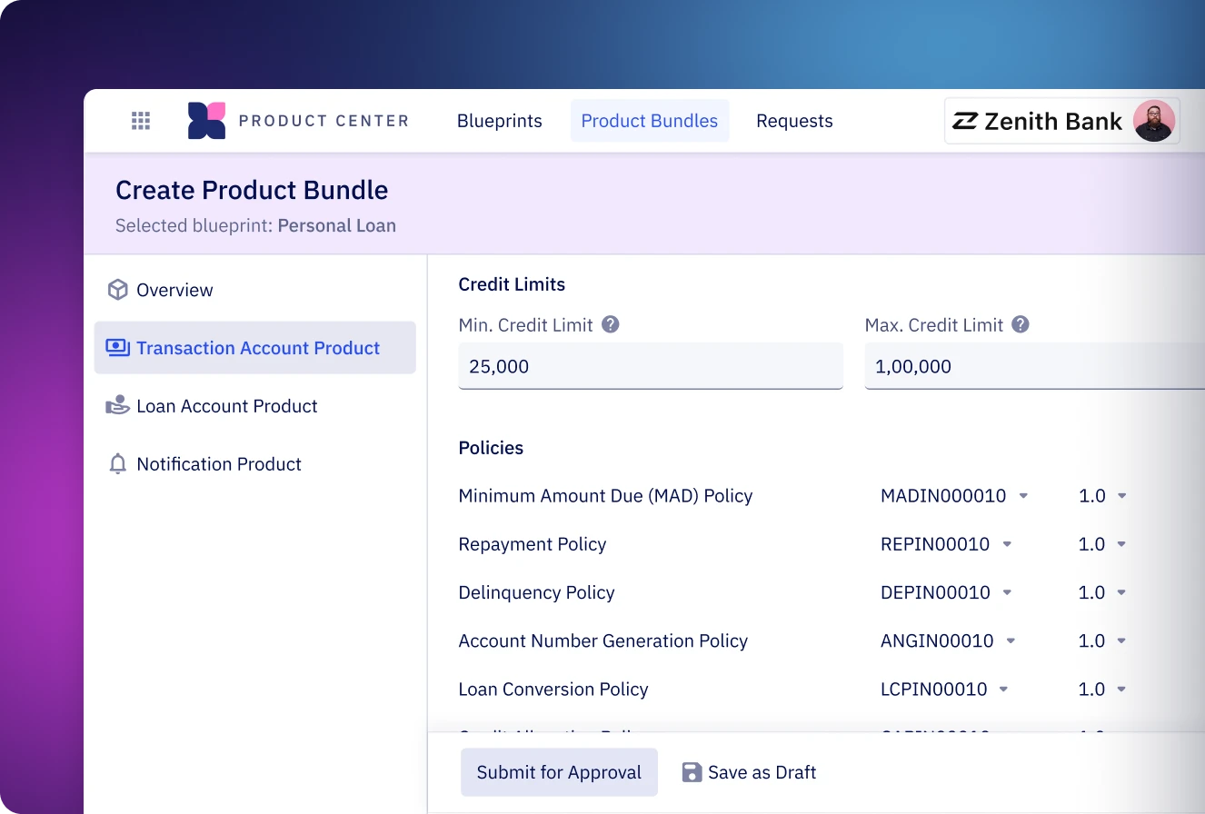 Screenshot of web admin interface showcasing Zeta Tachyon's credit card account processing capabilities with self-service configuration to innovate and launch personalized credit card products for customers.