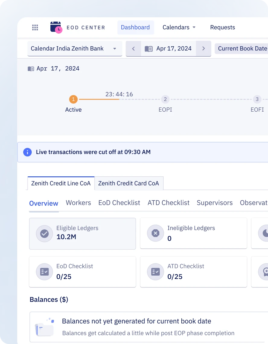 A web admin interface screenshot representing Zeta Tachyon's end-of-day center providing  an intuitive interface to trigger and monitor end-of-day processes for ledger finalization, fee application, interest computation, and more.