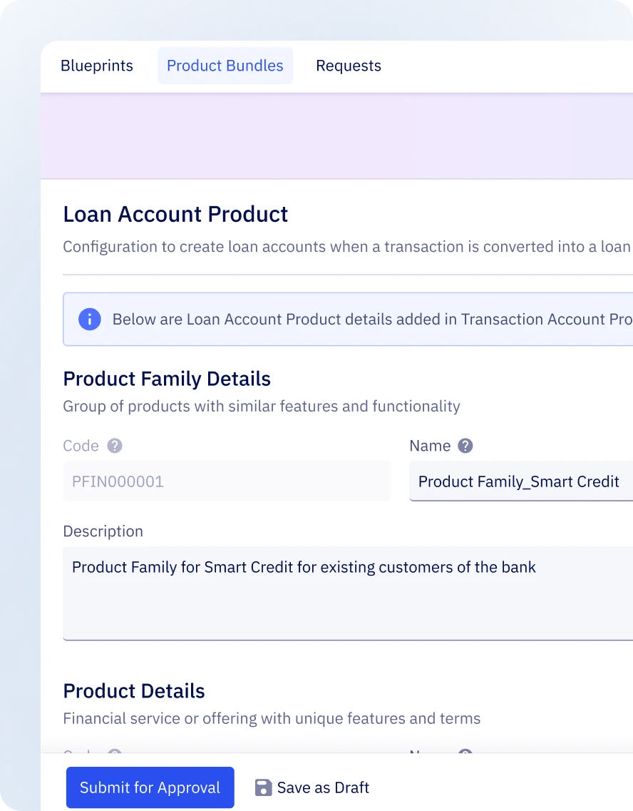 A web admin interface screenshot representing Zeta Tachyon's config-as-code approach allowing to configure and manage innovative financial product bundles across products, events, subscriptions, workflows, data extensions, and more.