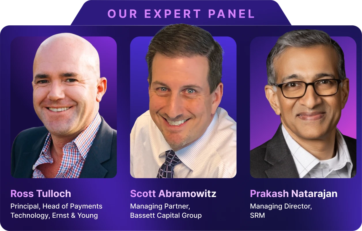 A photo of three industry experts, Ross Tulloch, Scott Abramowitz, and Prakash Natarajan, who will be leading the Zeta's Card Strategy Accelerator consulting session at Money2020 USA 2024. They are experts in payments technology, banking operations, and payments strategy, respectively.